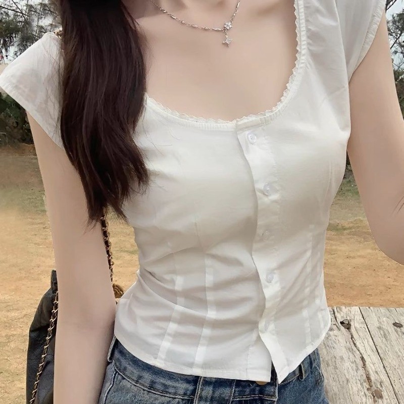 🎀Mona🎀สีทึบ ลูกไม้ แขนสั้น เสื้อเชิ้ต ความเรียบง่าย