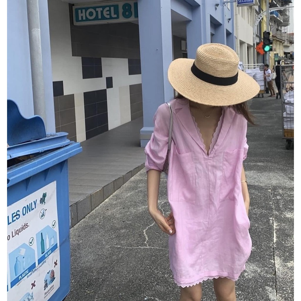 mimi&didi#เสื้อเชิ้ตยาวปานกลางคอวีขนาดใหญ่ประดับด้วยลูกไม้ แขนยาว สีชมพู แฟชั่น เสื้อเชิ้ตที่หรูหราและเป็นผู้หญิง#W520