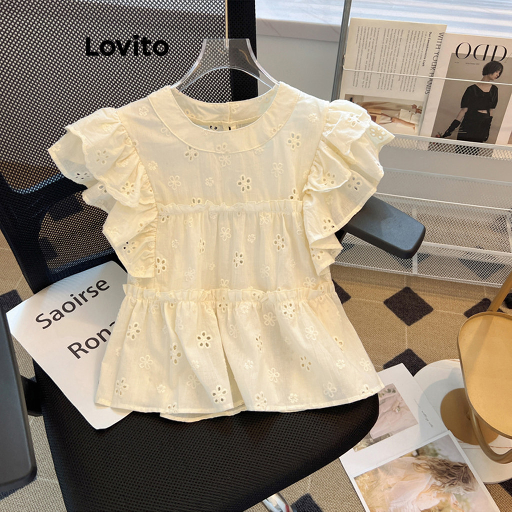 Lovito เสื้อเบลาส์ ผ้ามีเท็กเจอร์ แต่งรุ่ย มีระบาย สีพื้น สไตล์ลำลอง สำหรับผู้หญิง LNE18021 (สีแอปริคอท)
