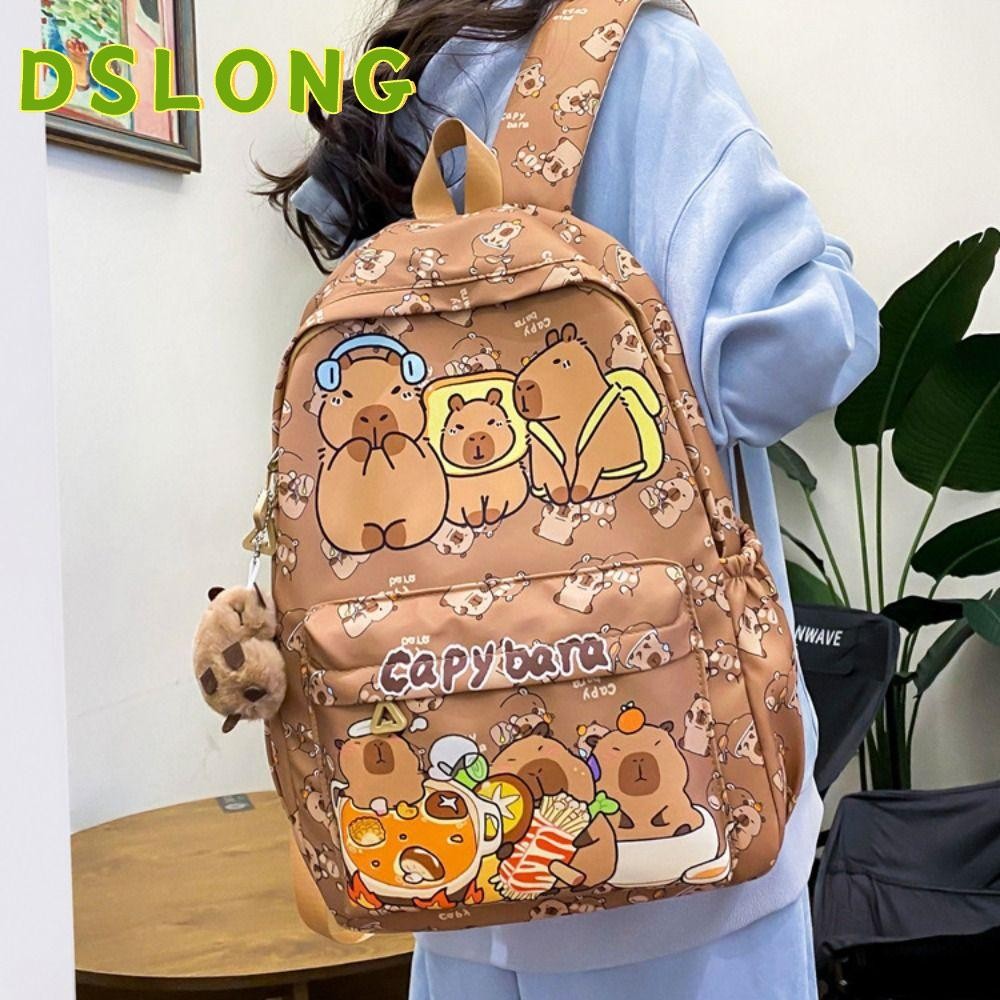 DSLONG กระเป๋านักเรียนนักเรียน,กระเป๋าเป้สะพายหลัง Capybara น้ําหนักเบาพิเศษความจุขนาดใหญ่,กระเป๋าหนังสือการ์ตูนไนลอนระบายอากาศน่ารัก