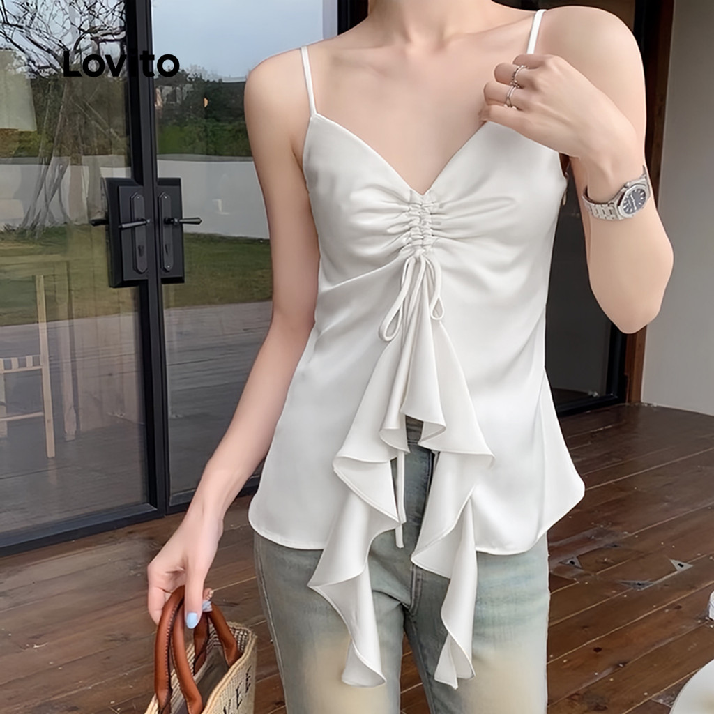 (Trendy) Lovito เสื้อกล้ามจับจีบชายระบายแบบลำลองสำหรับผู้หญิง L125AD289