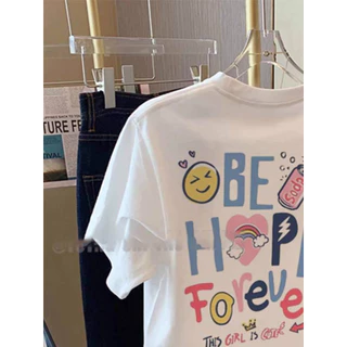 Crazy` T-shirt เสื้อยืดแขนสั้นสีขาวคอตตอนแท้สไตล์อเมริกันสำหรับผู้หญิง หลวมๆ ย้อนยุค อเนกประสงค์ เทรนด์ใหม่