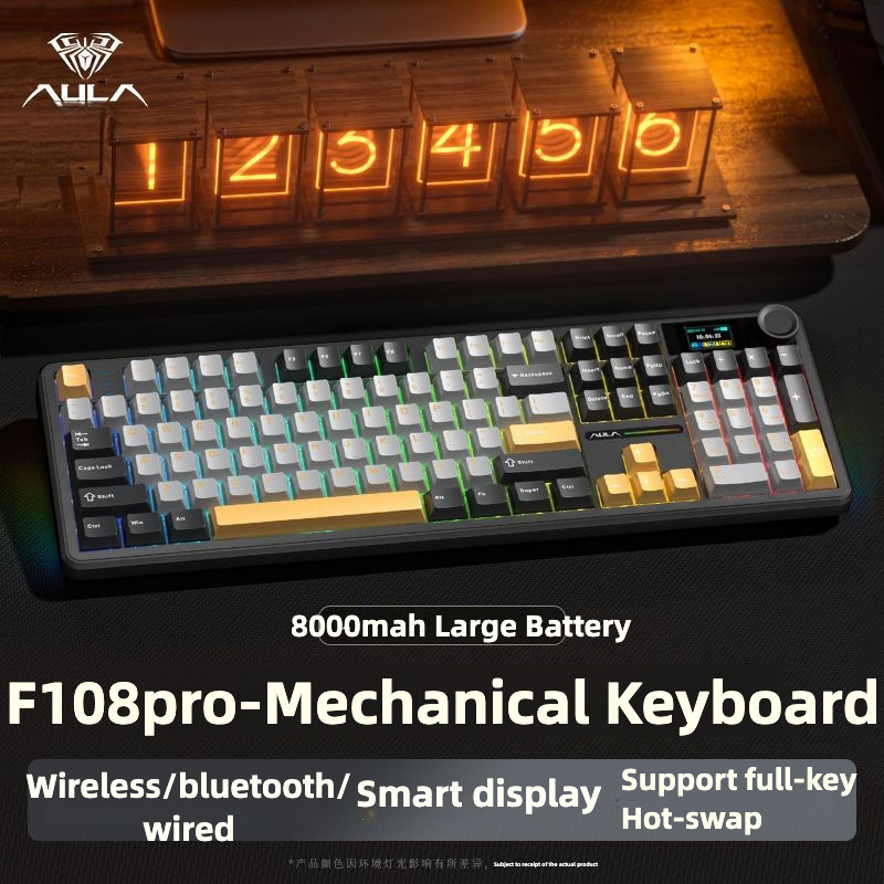 Aula F108pro คีย์บอร์ด E-sports เกมไร้สาย 2.4g บลูทูธสามโหมด RGB ที่กําหนดเอง Hot-swap 8000mah แกะสลักด้านข้าง