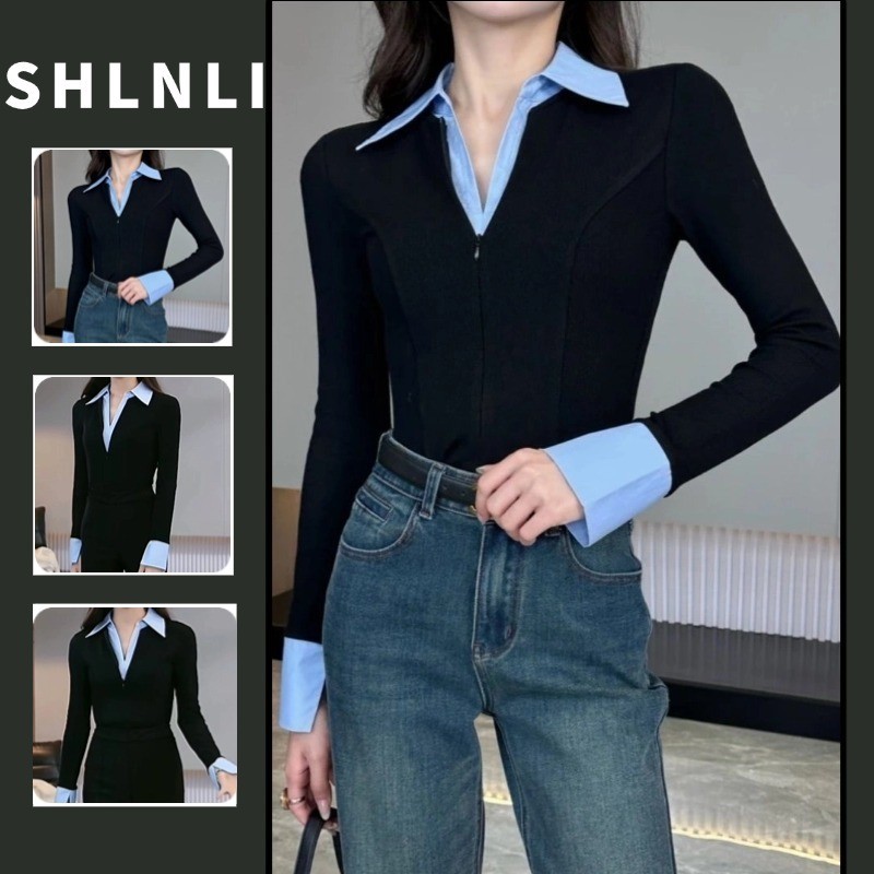 ฤดูใบไม้ผลิของผู้หญิงฤดูร้อนสไตล์เกาหลีปลอมสองชิ้นเสื้อโปโลแขนยาวเย็บปะติดปะต่อกันสลิมฟิตย้อนยุคด้านบน