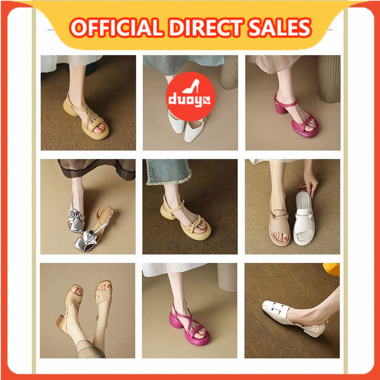Duoya Factory รองเท้าแตะ หนังนิ่ม หัวสี่เหลี่ยม ลายดอกไม้ เหมาะกับฤดูร้อน สําหรับผู้หญิง ส่งฟรี