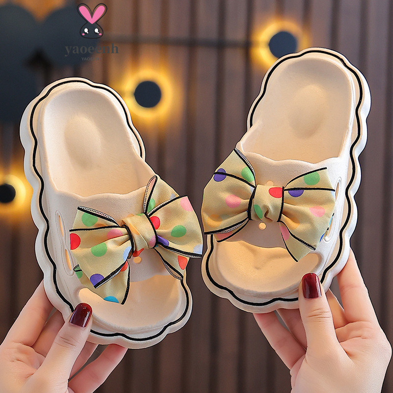 【YAOEENH】16-22 ซม.หญิงแฟชั่น Bowknot รองเท้าแตะสวมใส่ด้านนอกขนาดเล็กขนาดกลางเด็กสวมใส่ Anti-Slip หนา Soled Be