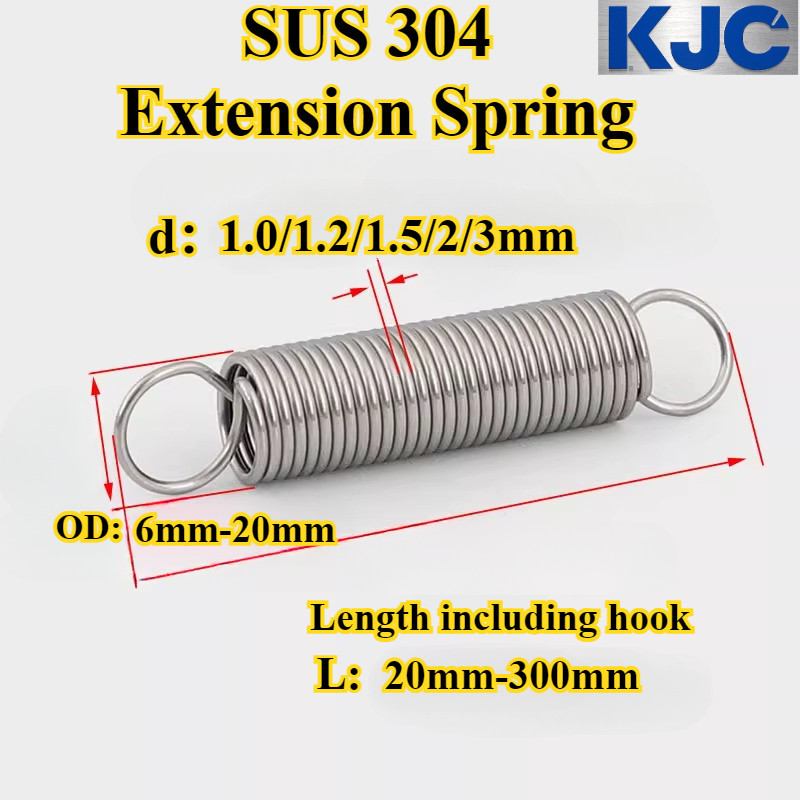 [KJC-YSLH] 304 สแตนเลส, สปริงแรงดึงพร้อมตะขอ, สปริงแรงดึง, (WD1mm/1.2mm/1.5mm/2mm/3mm * OD6mm-20mm * L20mm-300mm) สปริงแรงดึง