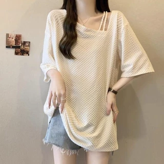 [เสื้อยืดโอเวอร์ไซส์] (50-150 กก.) ผู้หญิง ฤดูร้อน สไตล์เกาหลี เสื้อยืด คอยาว ตัดไม่สม่ำเสมอ ทรงหลวม เสื้อธรรมดา เสื้อยื