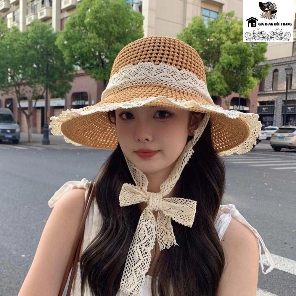 หมวกแฟชั่นชายหาด (Polyster Imitation Sedge พร้อมสายรัดลูกไม้) หมวกกันแดดปีกกว้าง (P0300GDBT)