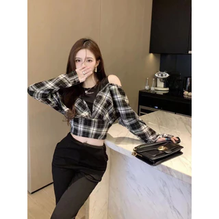 ชุดเสื้อเชิ้ตแขนยาวลายตารางสำหรับผู้หญิง แบบสองชิ้น คอวี ลายเย็บปะติดปะต่อ ฤดูใบไม้ร่วง สไตล์ ABTG APLW