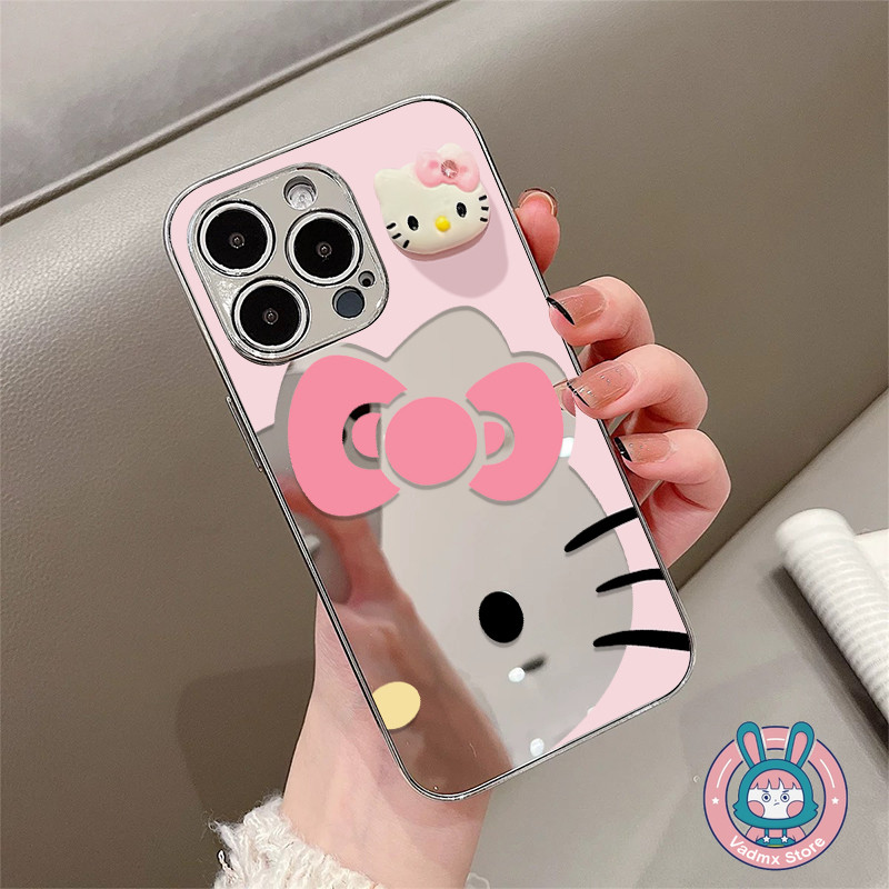 3d Hello Kitty Mirrorเคสโทรศัพท์สําหรับHuawei Pura 70 Ultra P60 Art P50 P40 P30 Mate 70 60 50 40 30 20 Pro Plus Y9 Prime 2019 ปลอกการ์ตูนน่ารักชุบAnti-Fallปกหลัง