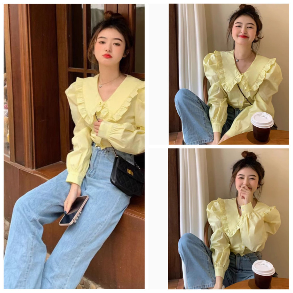 เสื้อเชิ้ตแขนยาวสีเหลือง ผู้หญิง ฤดูใบไม้ผลิสุดเก๋สไตล์ฝรั่งเศสย้อนยุค เสื้อคอตุ๊กตา