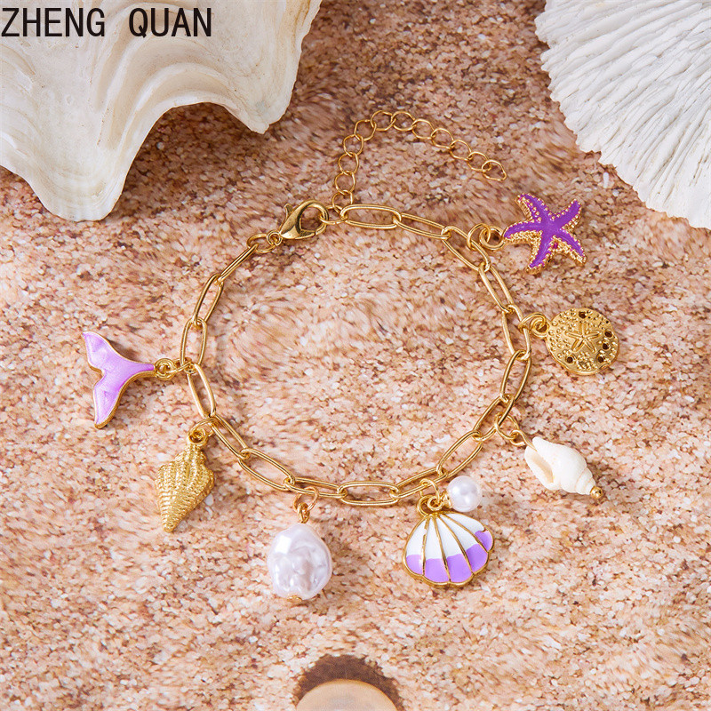 แฟชั่น Boho ปลาดาวสีสันสดใสสร้อยข้อมือจี้มุกสร้อยข้อมือไข่มุกสร้อยข้อมือผู้หญิง Elegant Beach เครื่องประดับ