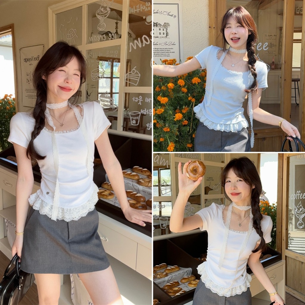 Bella shop🌻เสื้อยืดสวยๆผู้หญิง 🎀 เสื้อยืดครอป ดีไซน์ขอบลูกไม้  สีพื้น สไตล์เกาหลีเรียบง่าย แขนสั้น ทรงเข้ารูป