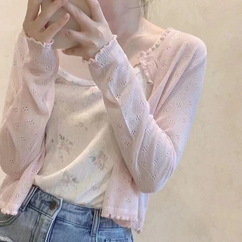 คาร์ดิแกนถักสั้นแบบบางพิเศษโปร่งแสงจากผ้าลินินเทียม เสื้อฤดูร้อนสำหรับเครื่องปรับอากาศ K's Diao Woma Note SIOH