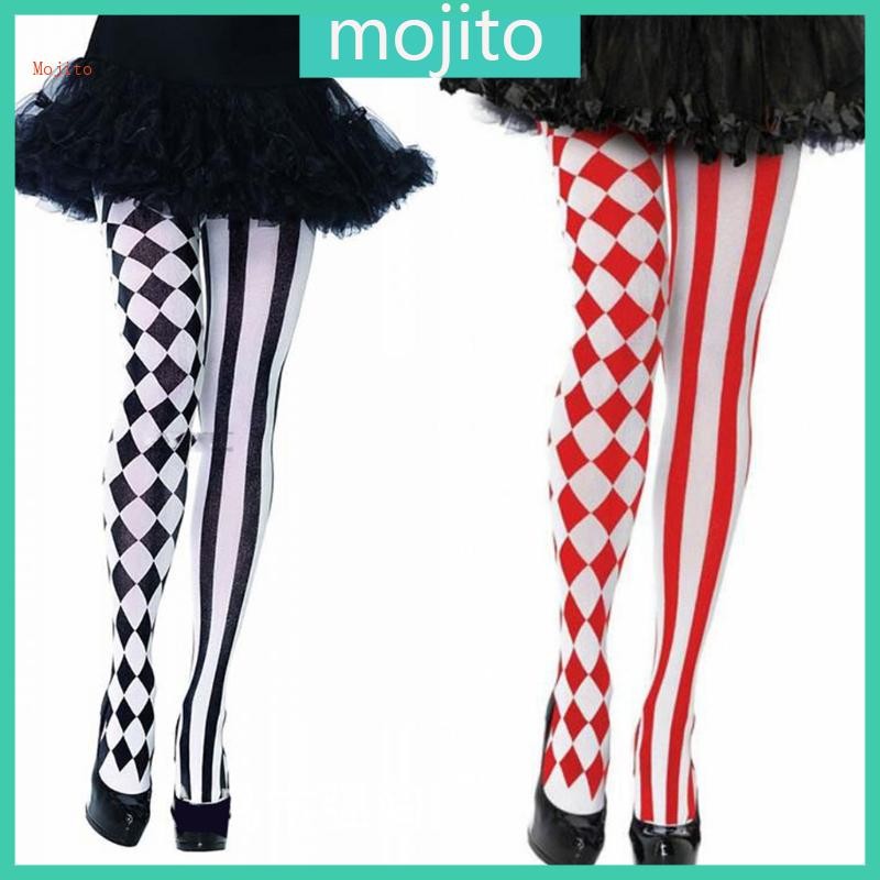 Mojito ฮาโลวีนผู้หญิงคอสเพลย์ Pantyhose Checkered เพชรลายสก๊อตลายพิมพ์ความยาว Tights Clown เครื่องแต