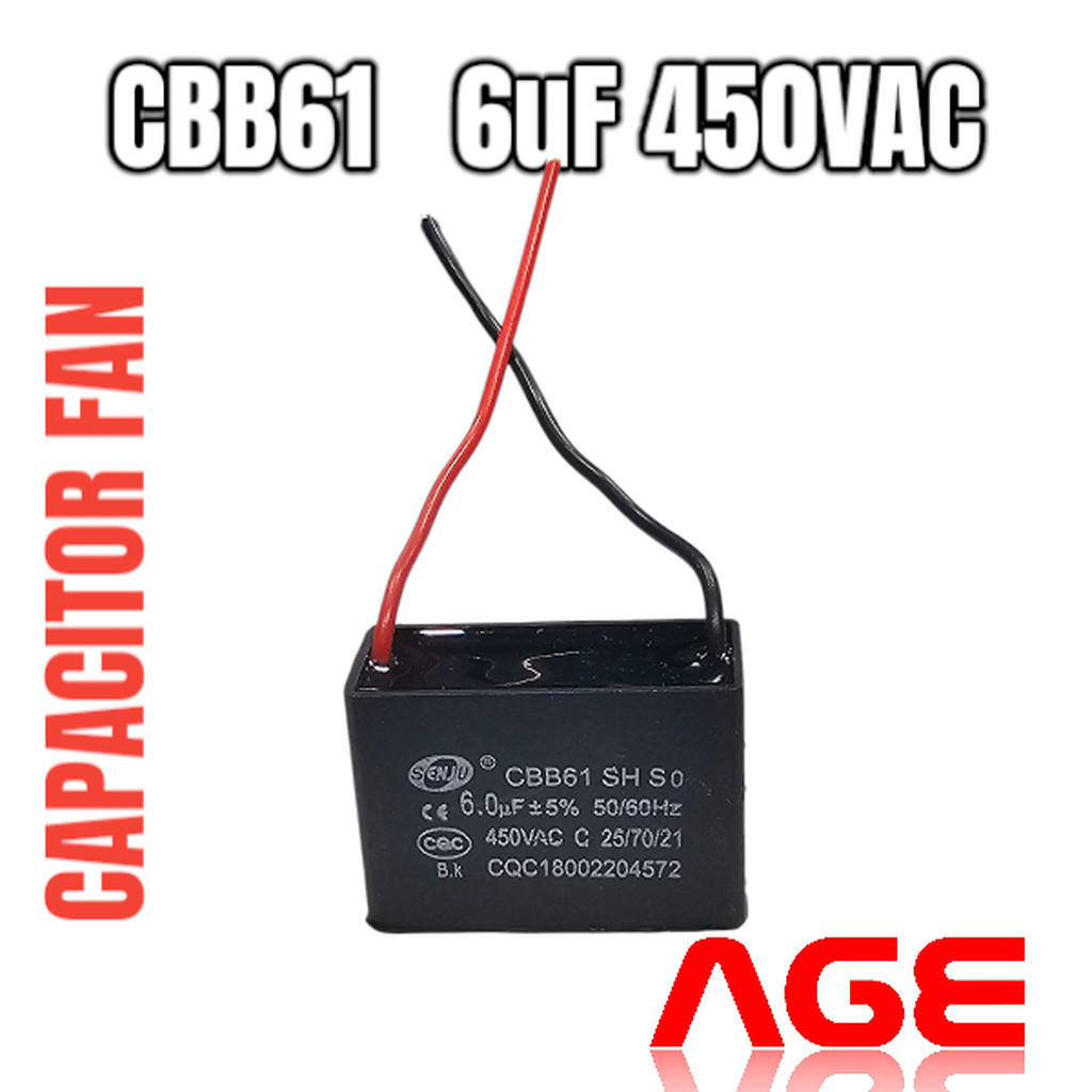 CAPACITOR พัดลม CBB61 6UF 450VAC แบบมีสาย SENJU