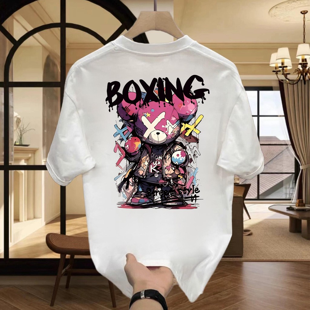 Y-T ⚡พร้อมส่ง! เสื้อยืดแขนสั้นชาย เสื้อยืดoversize ฝ้าย100% ทรงหลวม แนวสตรีท คุณภาพสูง พิมพ์ "BOXING BEAR"