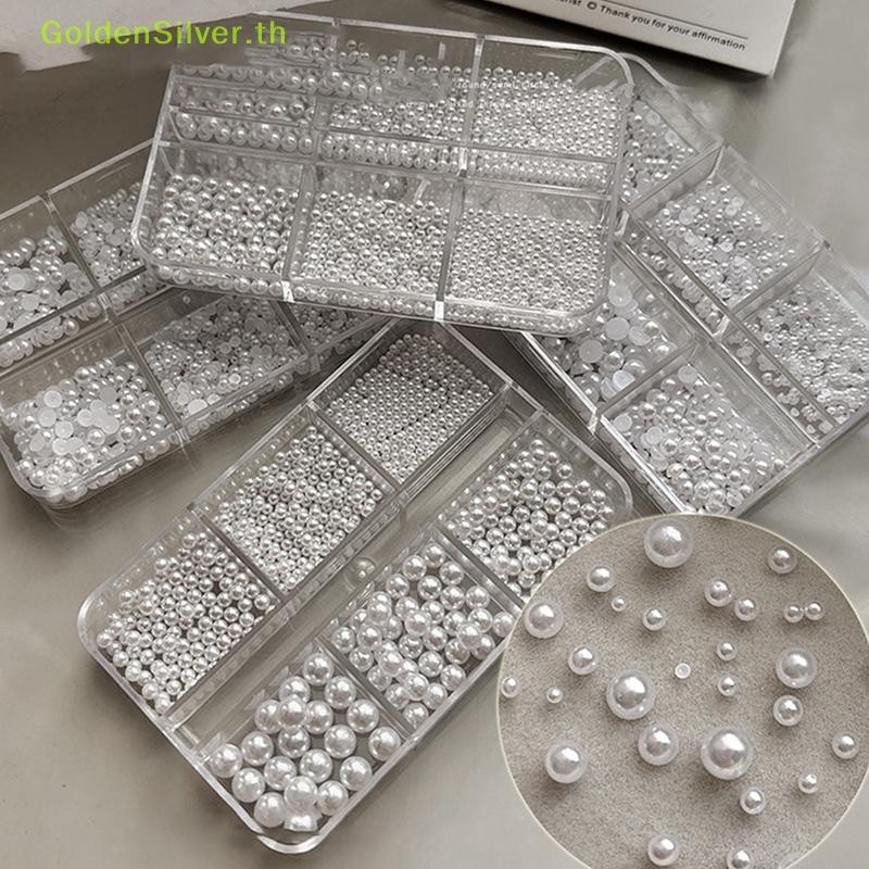 GoldenSilver 6 กริด ไข่มุกขาวครึ่งรอบ ลูกปัดคาเวียร์ อัญมณีเพิร์ลดิสก์ DIY ตกแต่งเล็บ