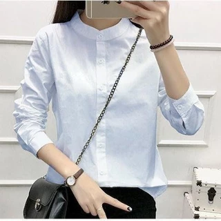 ผู้หญิงแขนยาวเสื้อเชิ้ตสีขาว,สีทึบผ้าฝ้ายผ้าลินินยืนปกเสื้อ,เสื้อธุรกิจขนาดบวก