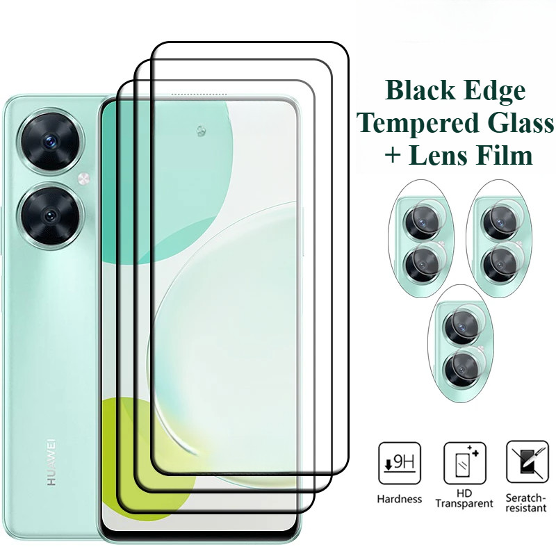 สีดําขอบกระจกนิรภัยและเลนส์ฟิล์มสําหรับ Huawei nova 3 3e 4 4e 5 5i 5t 5z 6 7 7i Pro Youth SE 5G