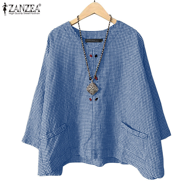 Zanzea เสื้อเบลาส์ทรงเอลายสก๊อตคอกลมลําลองเกาหลีสําหรับผู้หญิง