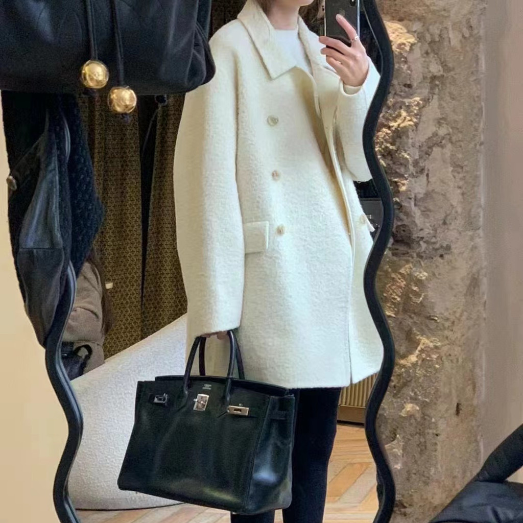 [Faithรับ] 2025 Winter Korea Dongdaemun OU * CE Temperament Lapel Double-Breasted Wool Coat Coat Coa