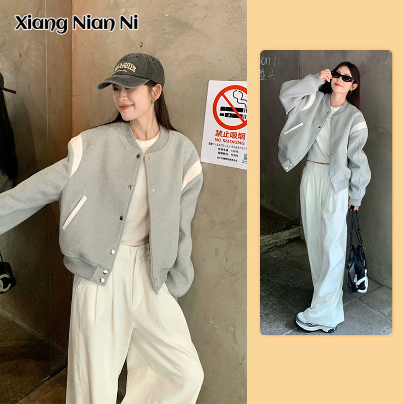 Xiang Nian Ni ชุดเบสบอลของผู้หญิงเสื้อโค้ทสั้นไหล่กว้างหลวมเย็บเสื้อแจ็คเก็ตสีตัดกัน