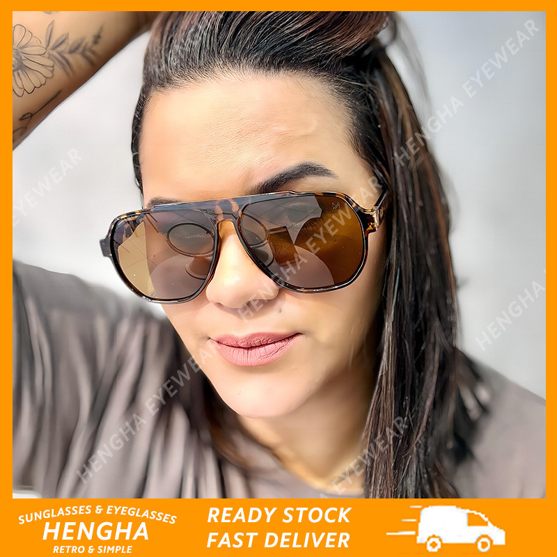 (HENGHA) Vintage Leopard Print Large Frame Aviator แว่นกันแดด Western Fashion แว่นกันแดด