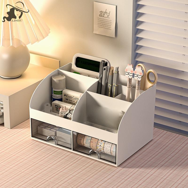 Lishu Desktop Organizer พร้อมลิ้นชักโต๊ะ Organizer โต๊ะแต่งหน้ากล่องเก็บ Smooth และทนทานอุปกรณ์สํานักงานกล่องเก็บ Multi th