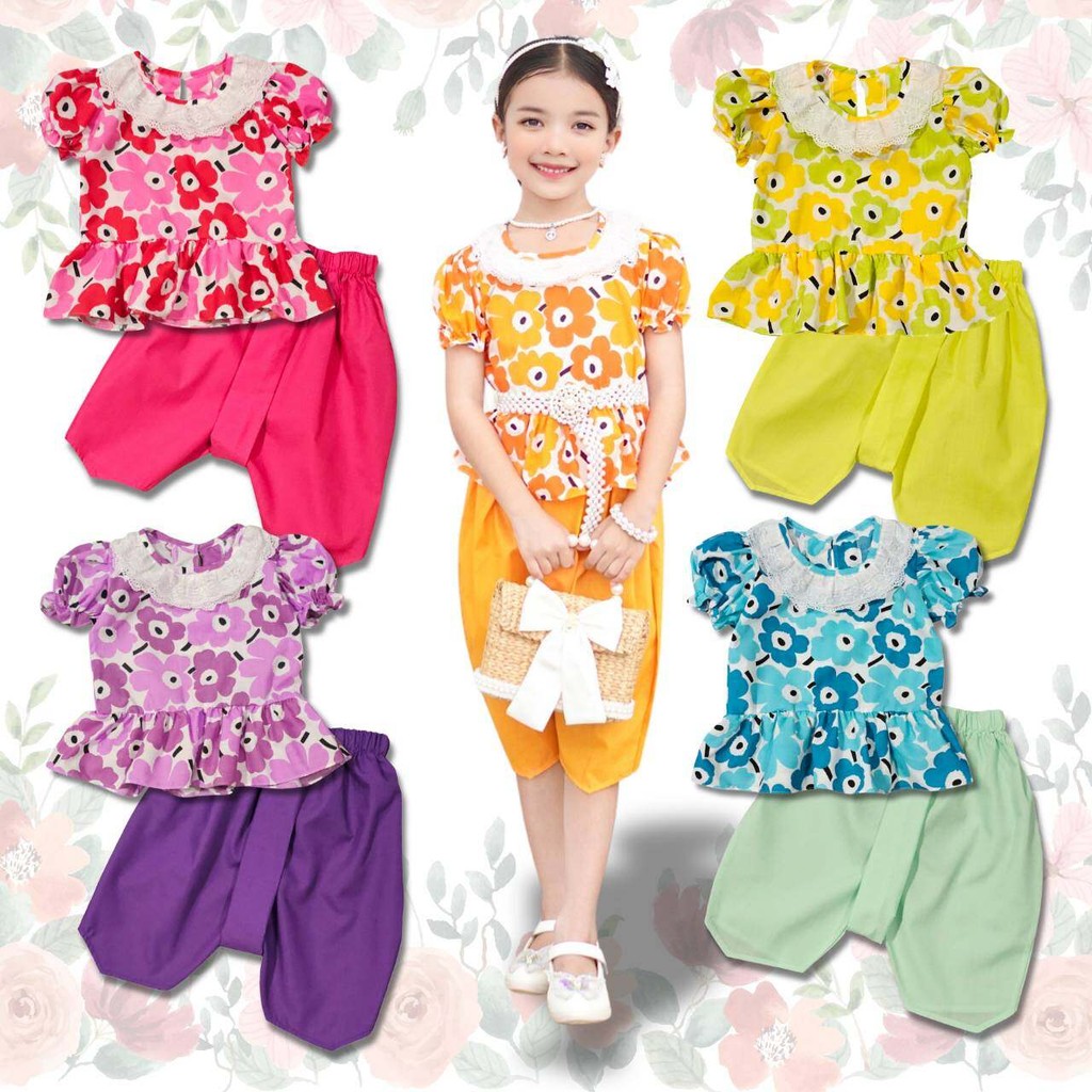 THA0964 ชุดไทยเด็กหญิง เสื้อแขนตุ๊กตา+โจงกระเบน สำหรับลูกสาว ผ้าทีซีลายดอก น่ารักๆ ชุดเด็ก ชุดเด็กแฟชั่น ชุดไทยลายดอก