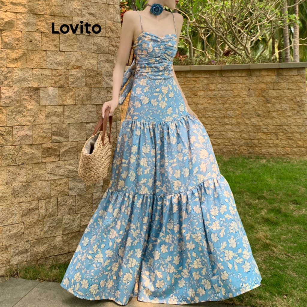 Lovito เดรสสายเดี่ยว ลายดอกไม้ แต่งจีบย่น ผูกหลัง สำหรับผู้หญิง LNE16008 (สีน้ำเงิน)
