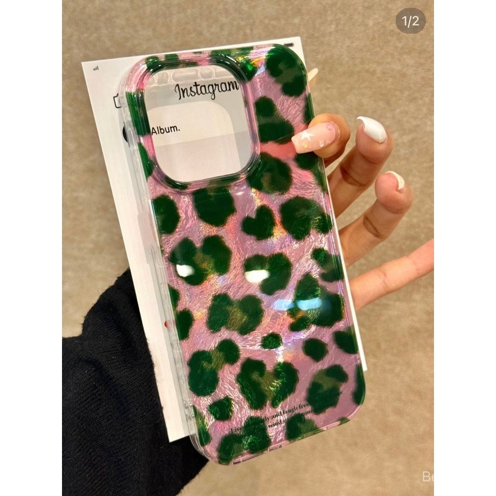 เคสโทรศัพท์มือถือสำหรับ iPhone INS เคสโทรศัพท์มือถือลายเสือดาวสีชมพูสีเขียว16/15/14Pro 13/12แบบด้าน1