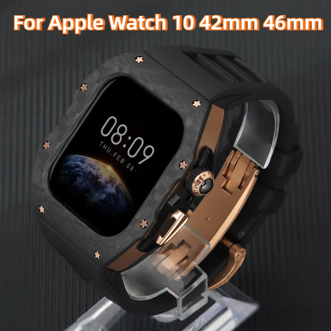 คาร์บอนไฟเบอร์กรณีสายยางหรูหรา Refit การปรับเปลี่ยนชุดสําหรับ apple Watch Series 10 42 มม.46 มม.IWatch 10 42 มม.46 มม.