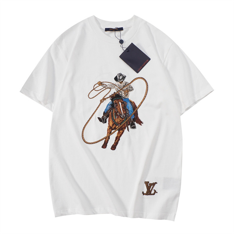 ถนนแฟชั่นผู้ชายและผู้หญิงเสื้อยืดคาวบอยเย็บปักถักร้อยเสื้อแขนสั้นเสื้อลําลอง