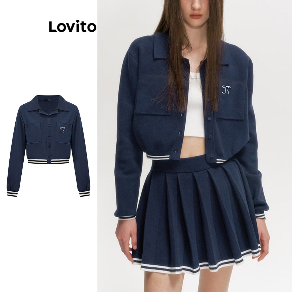 Lovito เสื้อแจ็คเก็ตสีพื้นผูกโบว์แบบลำลองสำหรับผู้หญิง AD1061306