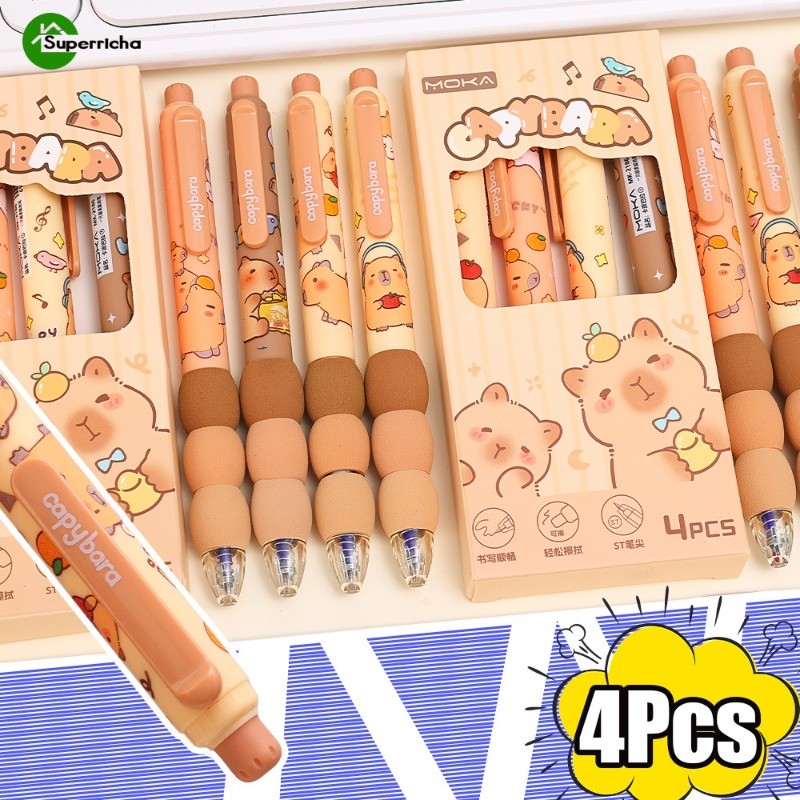 ปากกาเจล Capybara การ์ตูน 4 ชิ้น - เครื่องเขียนนักเรียน - แห้งเร็ว เรียบ จุดละเอียด ปากกากด - อุปกรณ์การเรียนสํานักงาน - ปากกาเป็นกลาง Kawaii