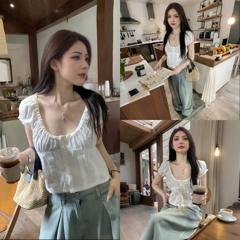 เสื้อครอปแขนสั้นลายลูกไม้ ดีไซน์สไตล์ฝรั่งเศส