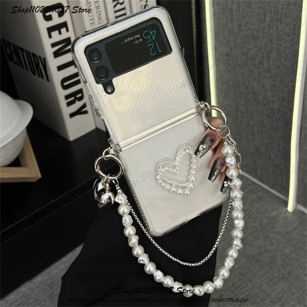 Luken หรูหราเกาหลี 3D Love Heart สร้อยข้อมือโลหะมุกสําหรับ Galaxy Z Flip 5 Z Flip4 Flip5 Zflip3 Flip