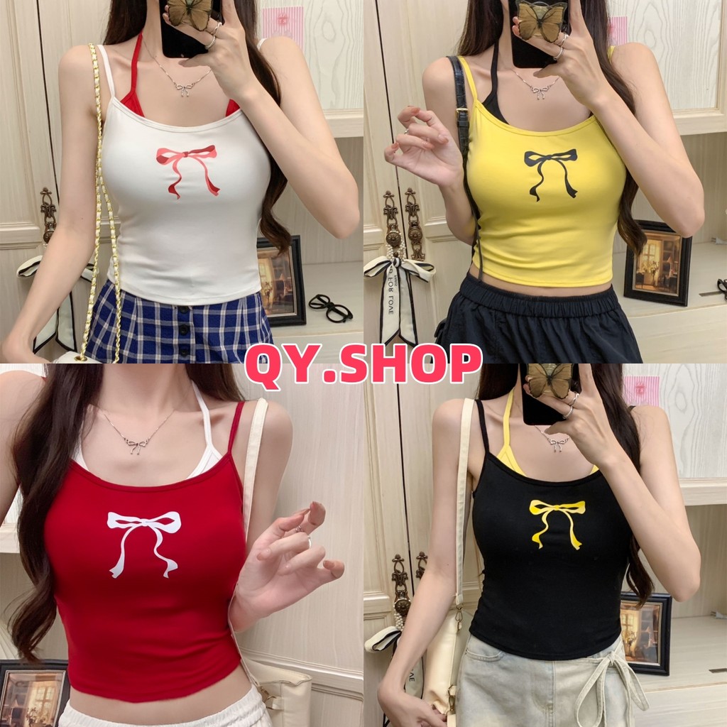QY.Shop เสื้อสายเดี่ยว แต่งคล้องคอ มีฟองน้ำ ดีเทลลายโบว์ "FY761"