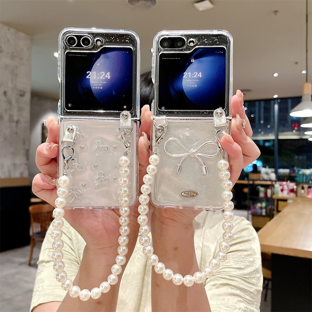 Luken หรูหราเกาหลี Glitter โบว์สร้อยข้อมือมุกเคสโทรศัพท์สําหรับ Samsung Galaxy Z Flip5 5G Z Flip5 Zf
