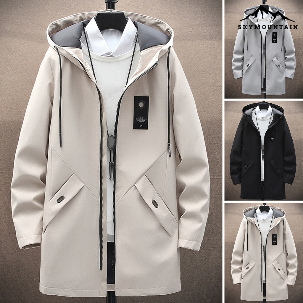 [SKY]Men Trench Coat Hooded Drawstring เสื้อแจ็คเก็ตแขนยาวความยาวปานกลางพร้อมกระเป๋าสีทึบซิป Placket Windbreaker