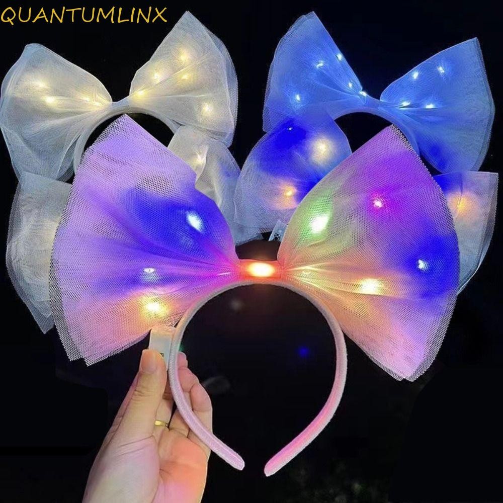 Quantuml LED ที่คาดผมโบว์,ปีใหม่ตกแต่งผม Hoop ยางรัดผมเรืองแสง,ตลกตาข่าย Bowknot Party Dress Up ของเล่นไฟ LED