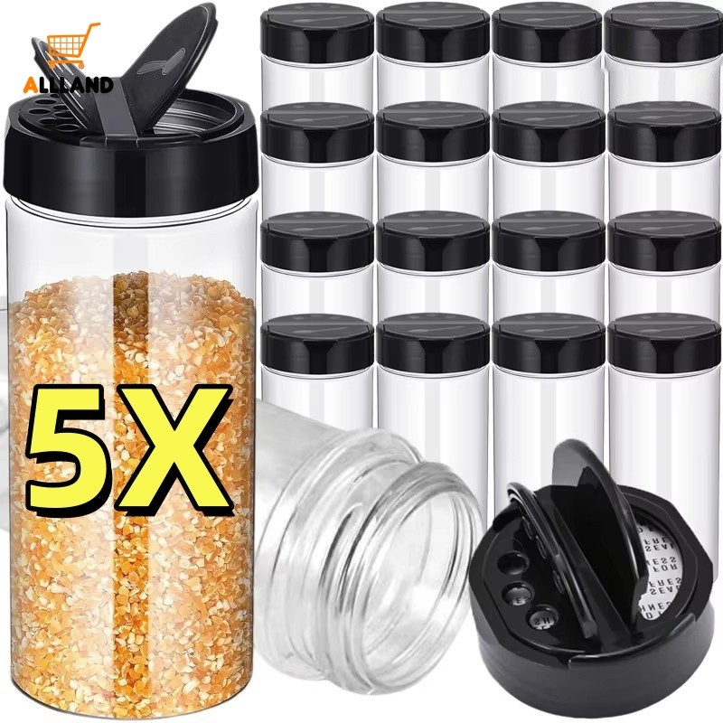 5ชิ้นขวดเครื่องเทศพลาสติกใสที่มีฝาปิดเครื่องปั่น-บ้านครัวปรุงรสภาชนะ-ห้องครัวจัดเก็บเครื่องเทศผงเกลือขวด
