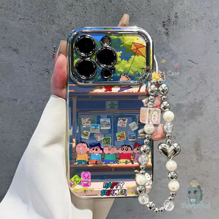 สําหรับ iPhone 11 16 13 12 7Plus 15 14 Pro Max Xr X Xs Max 8 6 6s Plus Case Crayon Shin-chan เวลาว่างเคสโทรศัพท์ + โซ่ + ผู้ถือชุบหรูหราคมชัดหน้าต่างกันกระแทกป้องกันปกหลัง