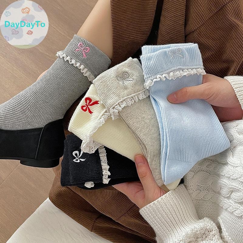 Daydayto Simple All-match Girly ถุงเท้าผ้าฝ้ายลูกไม้โบว์ถุงเท้าหวานสบายๆBreathable Sweat-wickingถุงเท้ากลางหลอดแฟชั่นอุปกรณ์เสริมของขวัญTH