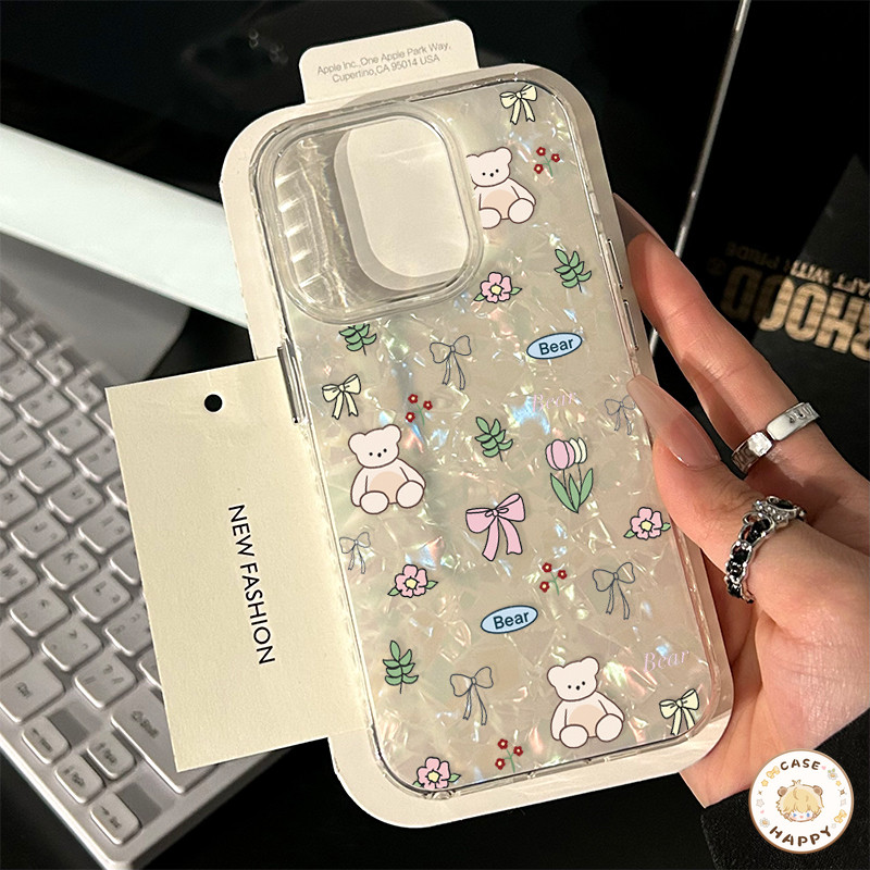 ดอกทิวลิปหมีน่ารักของ โบกบอนต์ พร้อมกล่องเลเซอร์ใส เคสIphone 16 15 11 13 14 12 Pro Max 7 8 16 Plus XS X XR Max SE 2022