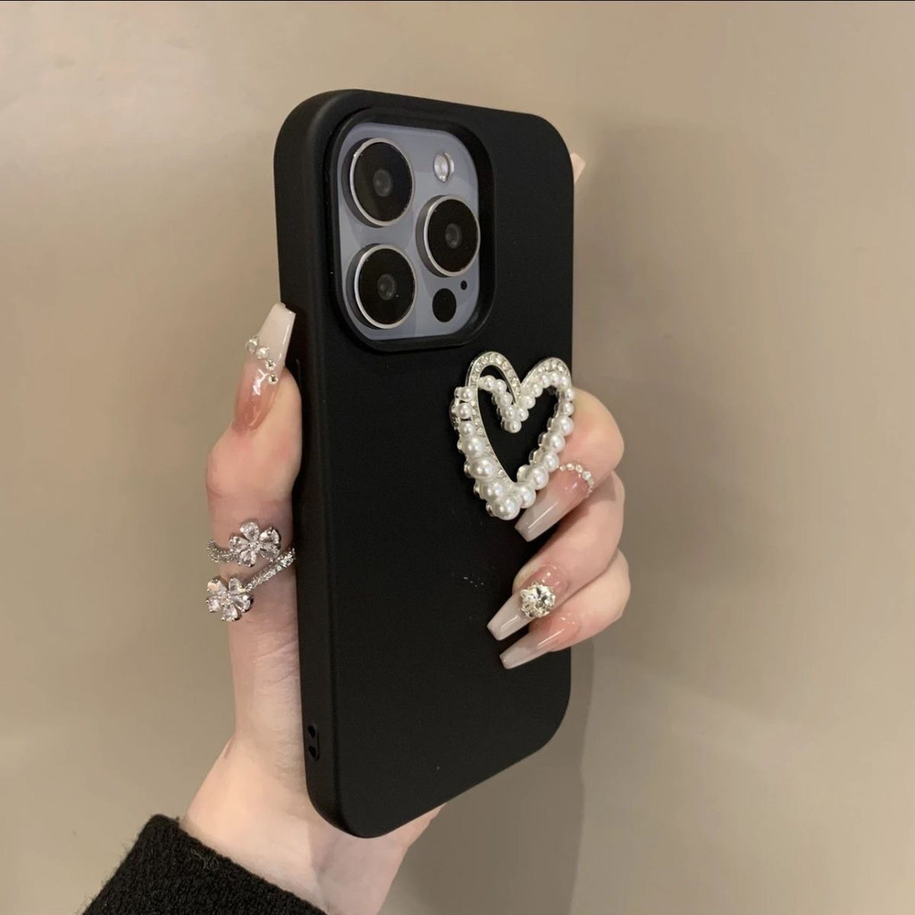 เรียบง่ายและหรูหรา Pearl Heart Big Hole สีทึบ Anti-drop เคสโทรศัพท์ IPhone สําหรับ 11/12/13Pro 7/8 Plus XSMAX IPhone14/15Promax 16 X/xs XR