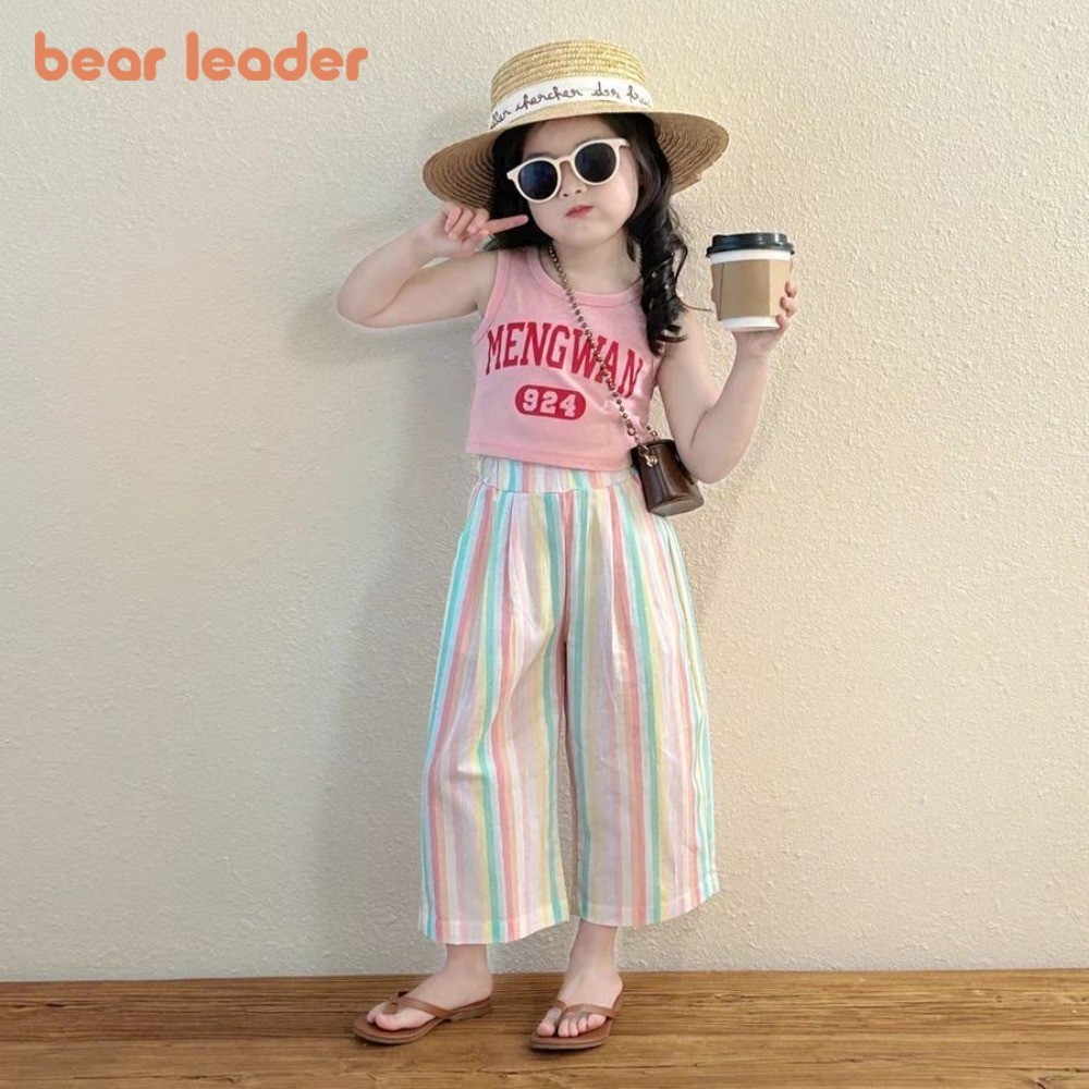 หมีผู้นําฤดูร้อนสาวชุดกีฬาเกาหลีจดหมายพิมพ์เสื้อกั๊กท็อปส์ + กางเกงลายสองชิ้นชุด2-7ปีเด็กเสื้อผ้า