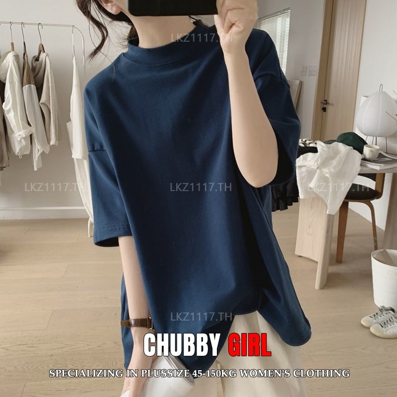 Plus size เสื้อยืดสาวอวบ ไซส์ใหญ่ ผู้หญิง เสื้อยืดสีพื้น แขนสั้น ทรงหลวม คอเต่า ฤดูร้อน สไตล์เกาหลีแฟชั่น